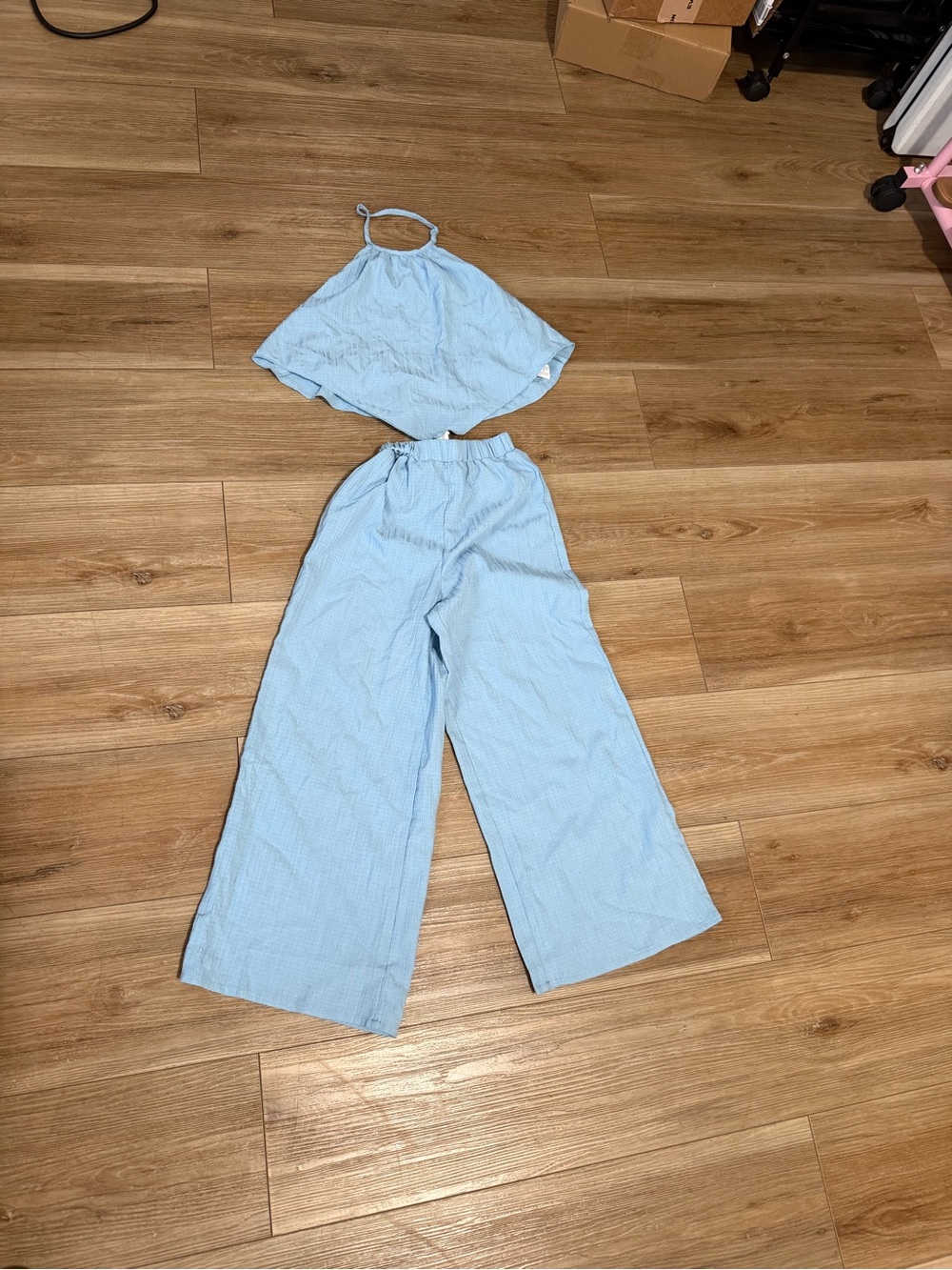 SHEIN Light Blue Halter Crop Top with Wide-Leg Pants Set